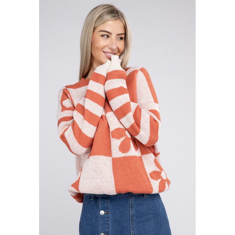 NUVI APPAREL Floral Pattern Drop Shoulder Sweater