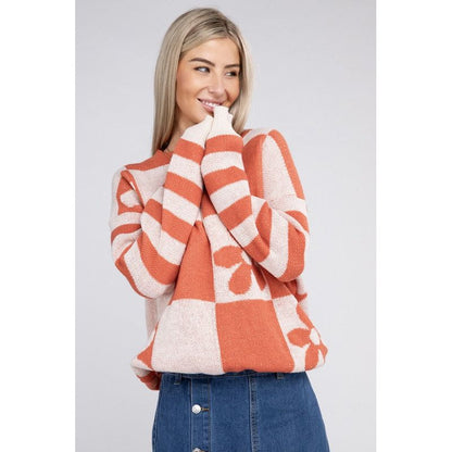 NUVI APPAREL Floral Pattern Drop Shoulder Sweater