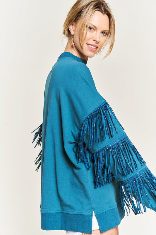 JADE by JANE Silver Studded Fringe Sleeve Sweater Top - JJT5009