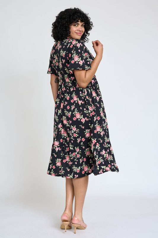 EG FASHION Floral Angel Sleeve Midi Dress