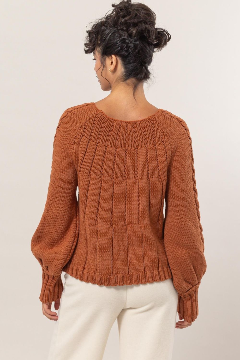 HYFVE Cable-Knit Round Neck Raglan Sleeve Sweater in Color Rust