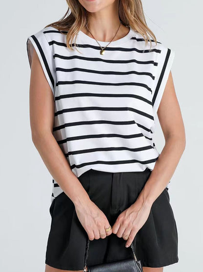 Striped Round Neck Cap Sleeve Sweater Top