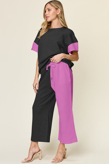 DOUBLE TAKE Full Size Texture Contrast T-Shirt and Wide Leg Pants Set