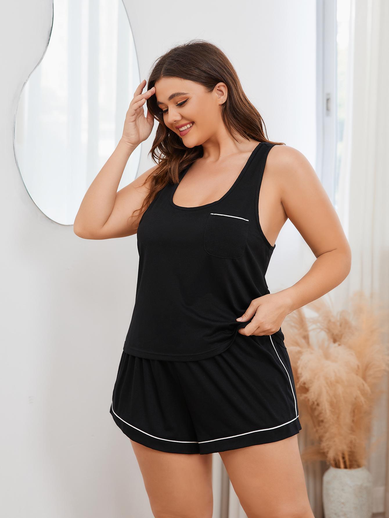 H2J Plus Size Contrast Piping Racerback Tank and Shorts Lounge Set-up to 4XL