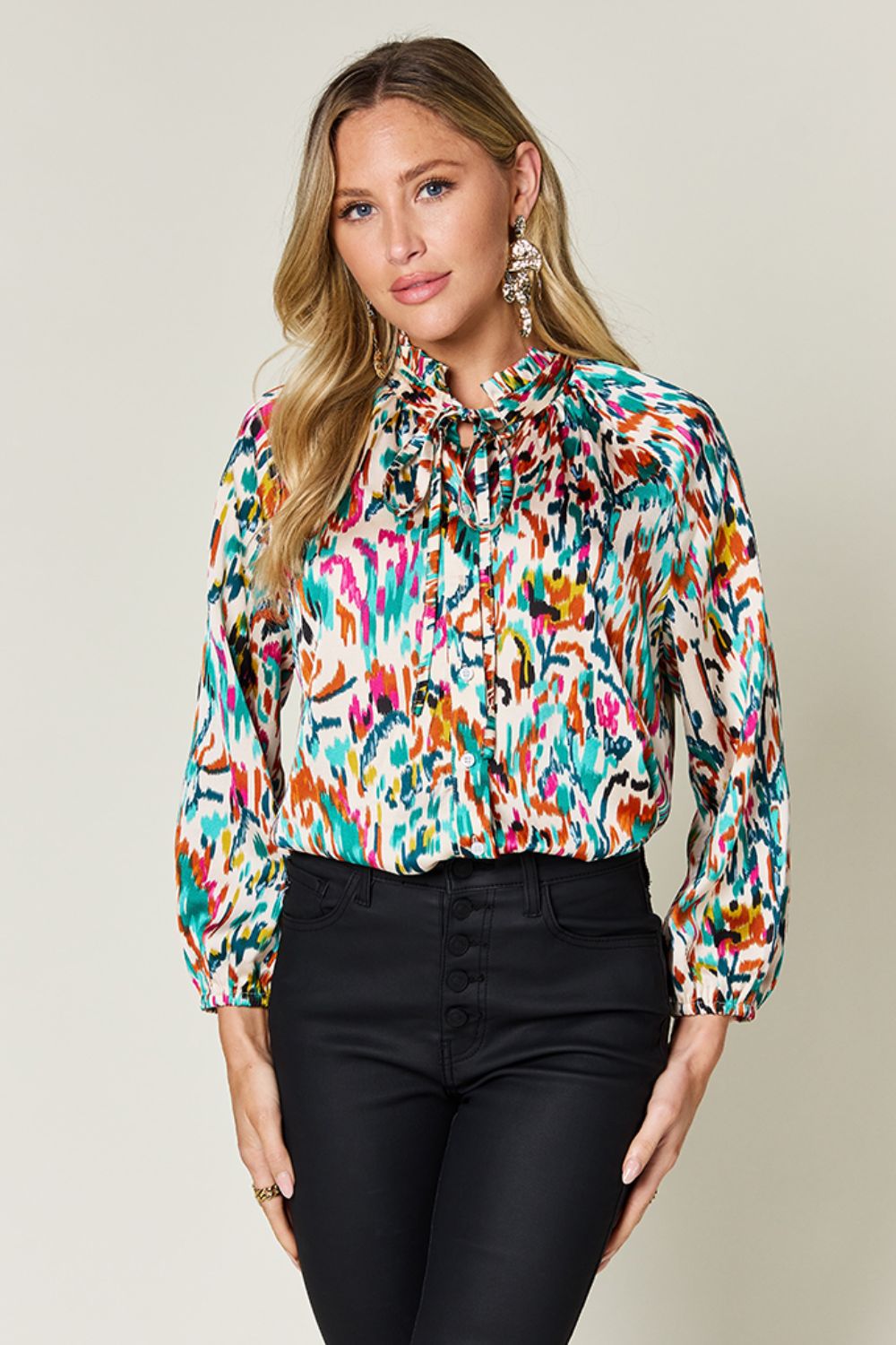 DOUBLE TAKE Full Size Printed Tied Neck Long Sleeve Blouse