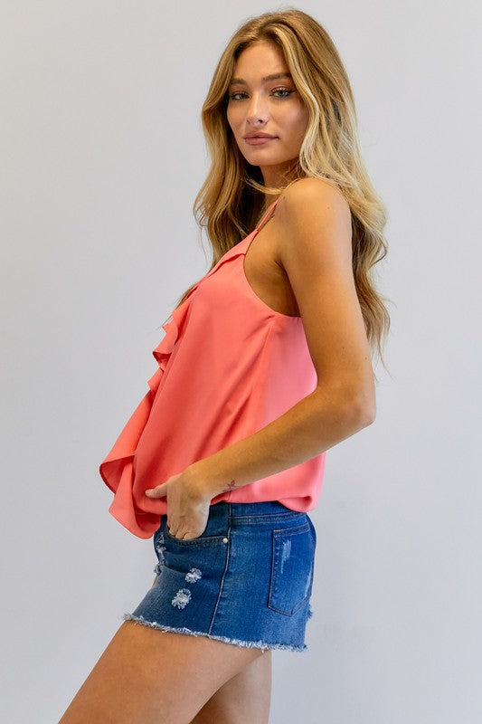 DAVI & DANI Solid V-Neck Sleeveless Ruffle Tank Top