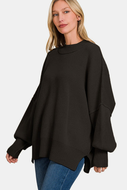 ZENANA Black Side Sit Oversize Sweater