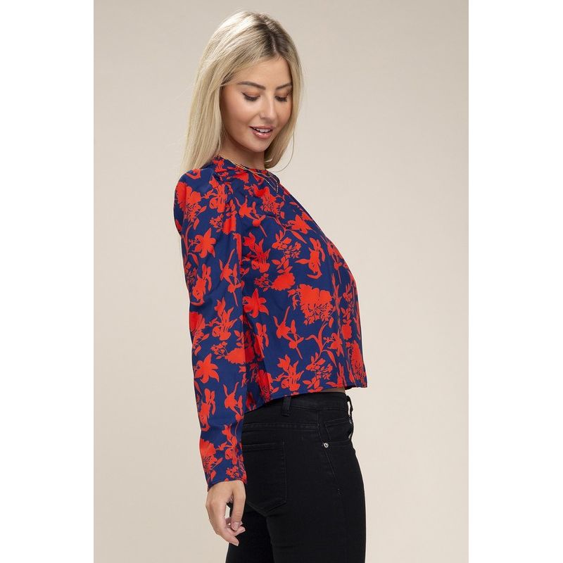 NUVI APPAREL Floral Print  Puff Sleeve Blouse