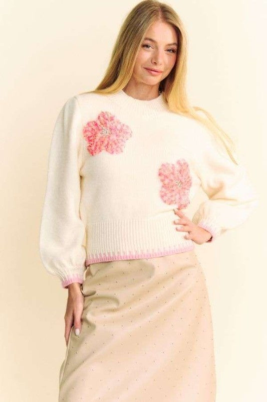 Davi & Dani Women's Ivory Fuzzy Mock Neck Sweater with Pink Flower Patch