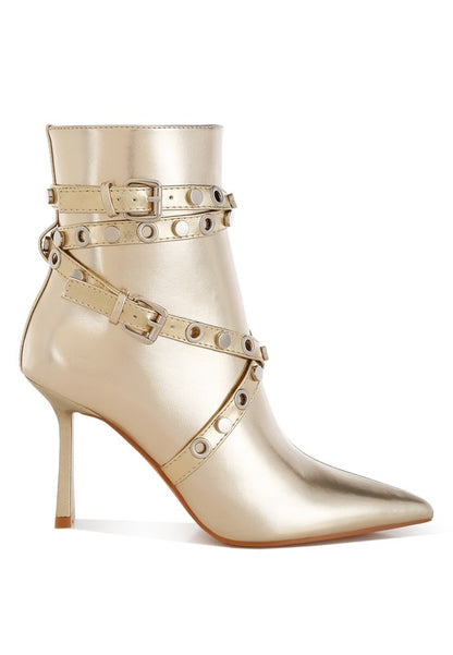 RAG & Co. Gold Metallic Ankle Heels Boot with Jaunts Eyelets & Studs Harness