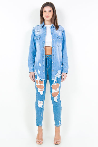 AMERICAN BAZI Frayed Hem Distressed Denim Shirt Jacket