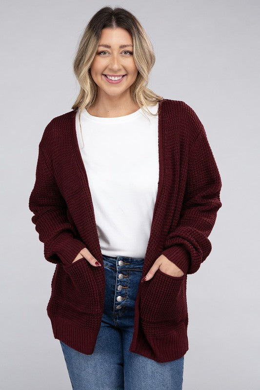 ZENANA Plus Low Gauge Waffle Open Cardigan Sweater