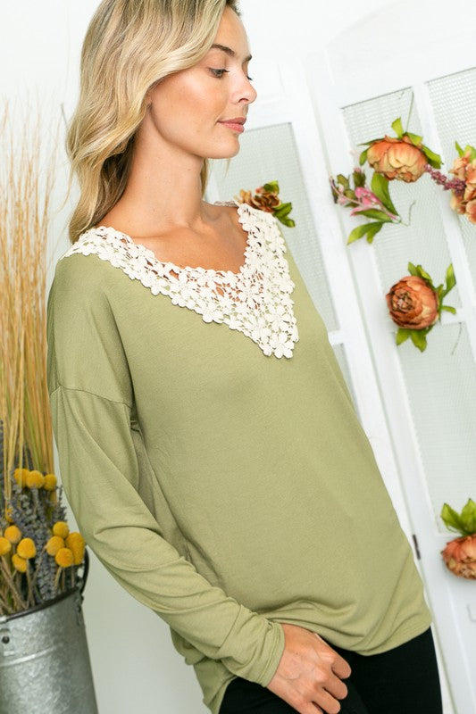 E LUNA Long Sleeves Top with Floral Lace Detail