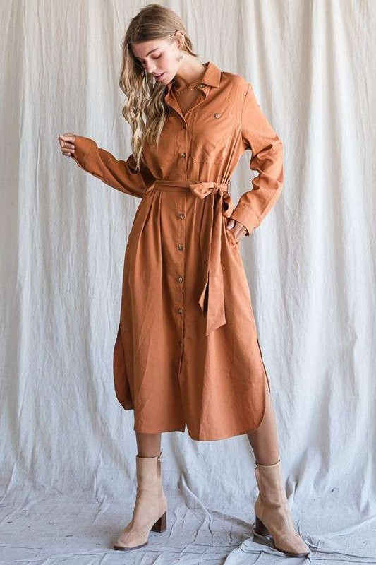 JADE by JANE Solid Buttoned Casual Dress with Belt