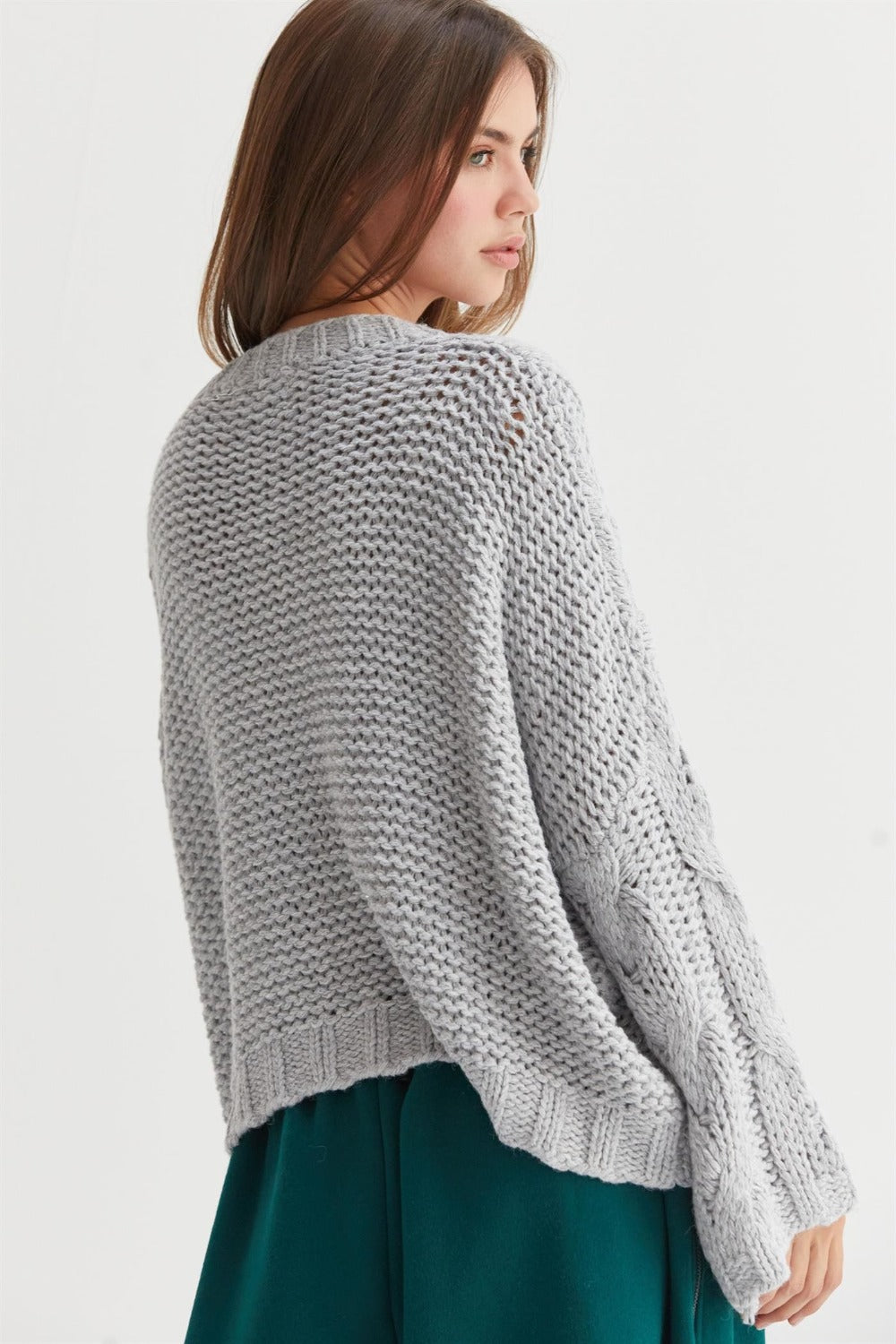 HYFVE Gray Cable Knit V-Neck Sweater