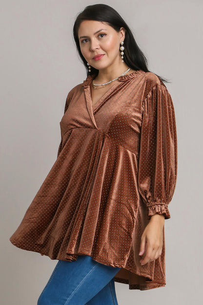 UMGEE Women's Brown Full Size Beaded Velvet Babydoll Blouse with Frill Flounce Sleeve