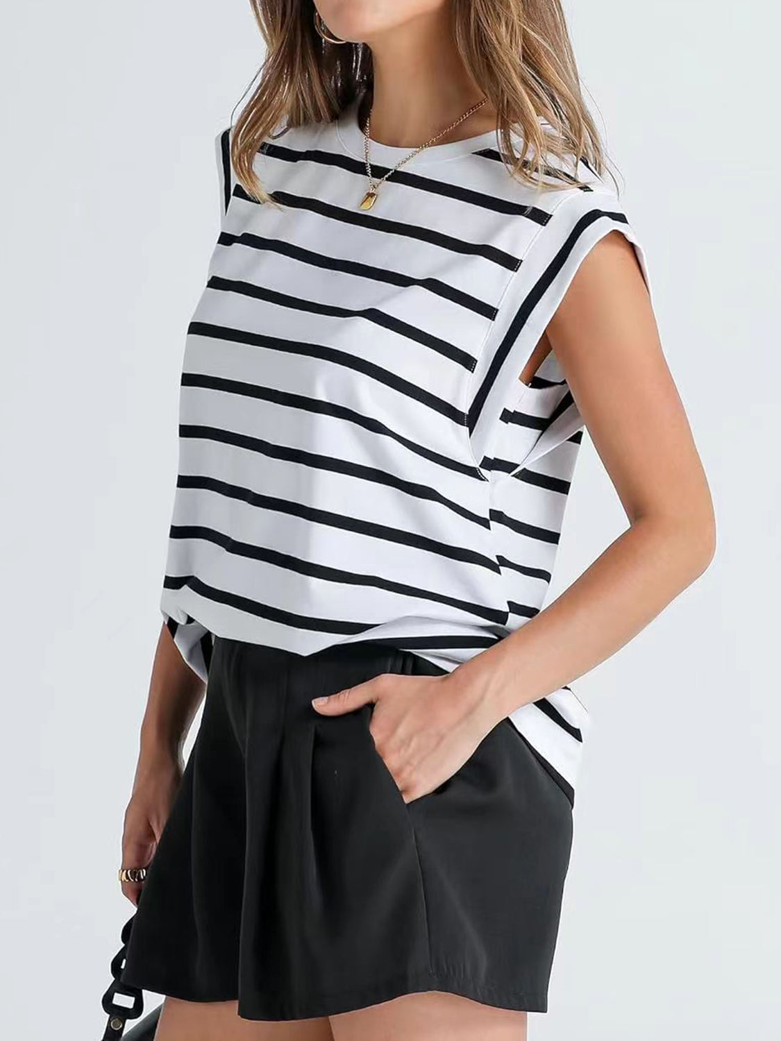 Striped Round Neck Cap Sleeve Sweater Top