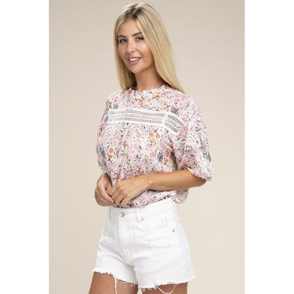 NUVI APPAREL Floral chiffon top with lace trim