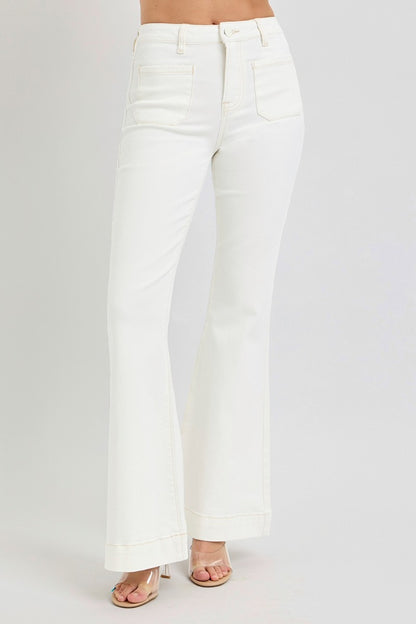 RISEN Cream Full Size High Rise Front Patch Pocket Flare Bell-ankle Jeans