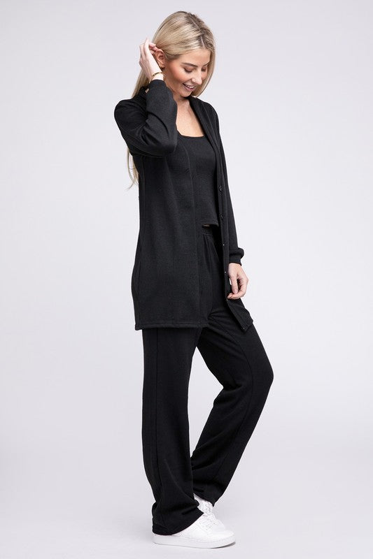 NUVI APPAREL 3 Pieces Solid Black Tank Top & Pants & Cardigan Set