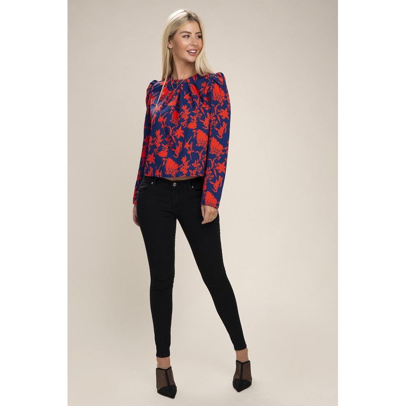 NUVI APPAREL Floral Print  Puff Sleeve Blouse