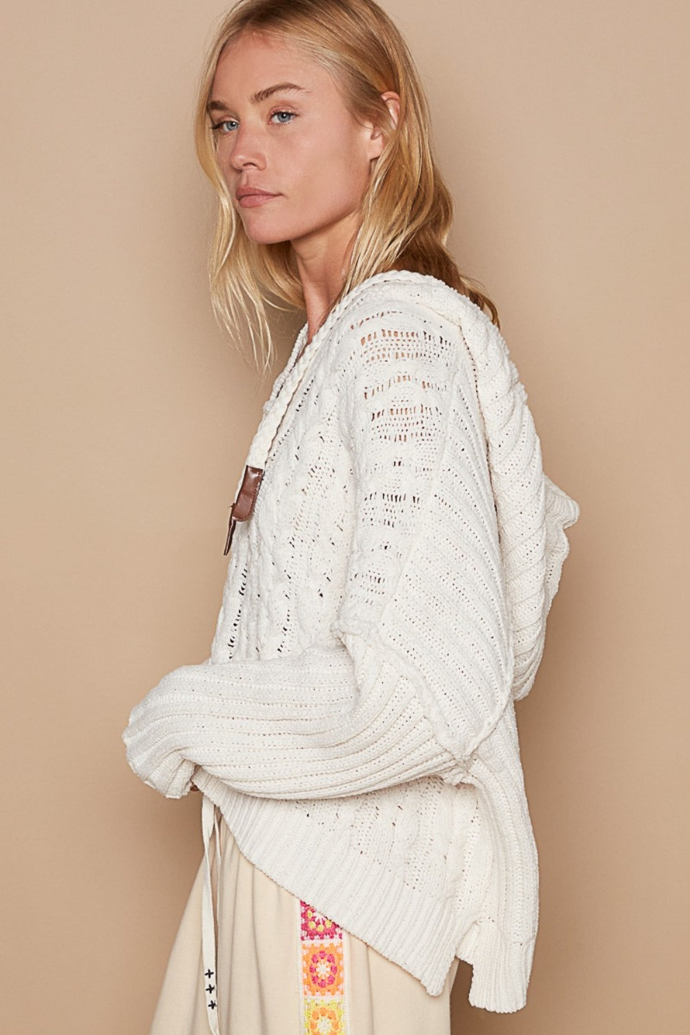 POL Cream Rib Weave Sleeves Hooded Cable Knit Sweater