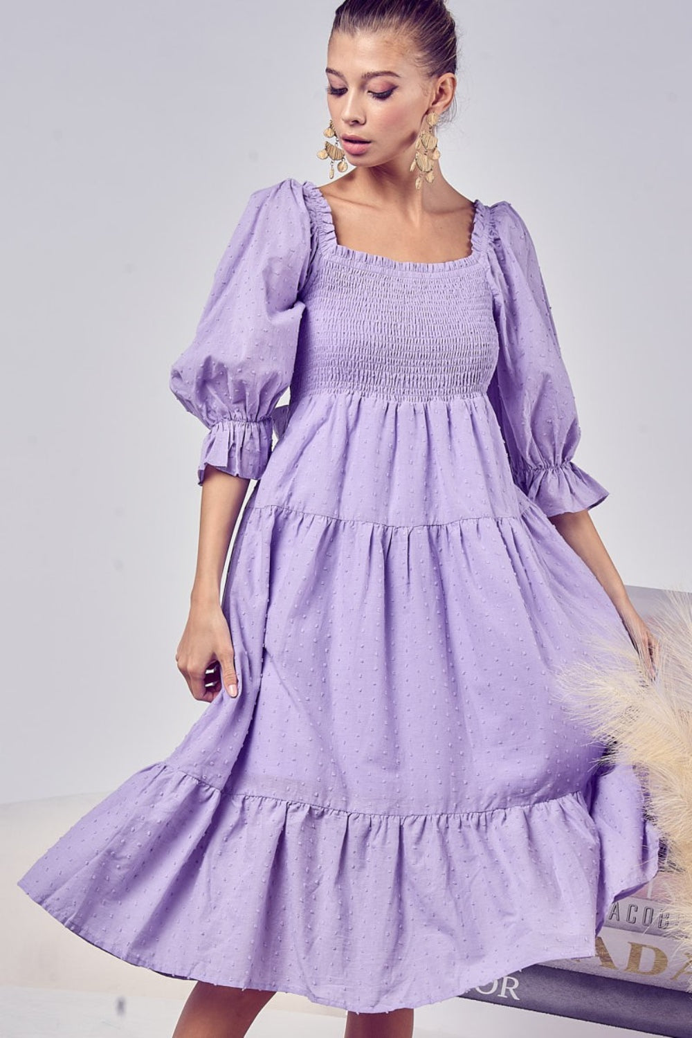 BiBi Lavender Swiss Dot Flounce Sleeve Smocked Tiered Midi Dress