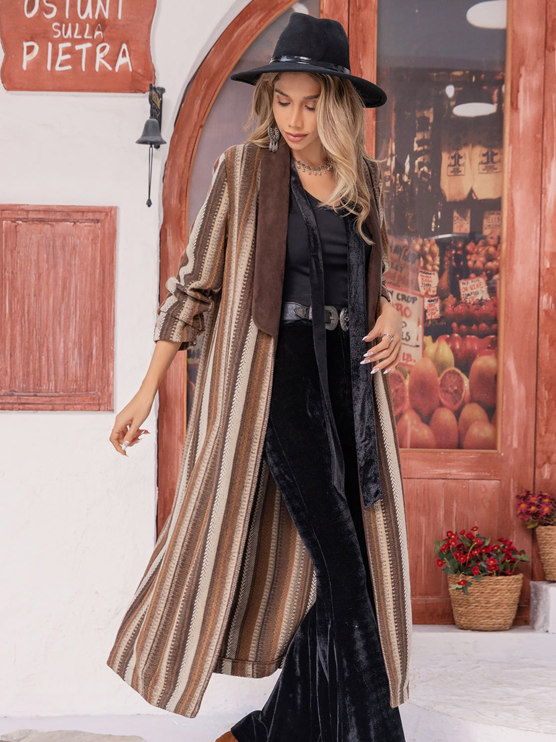 Striped Open Front Long Sleeve Maxi Autumn Cardigan