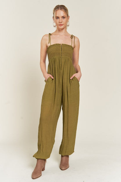 JADE by JANE Smocked Tie Strap Jumpsuit