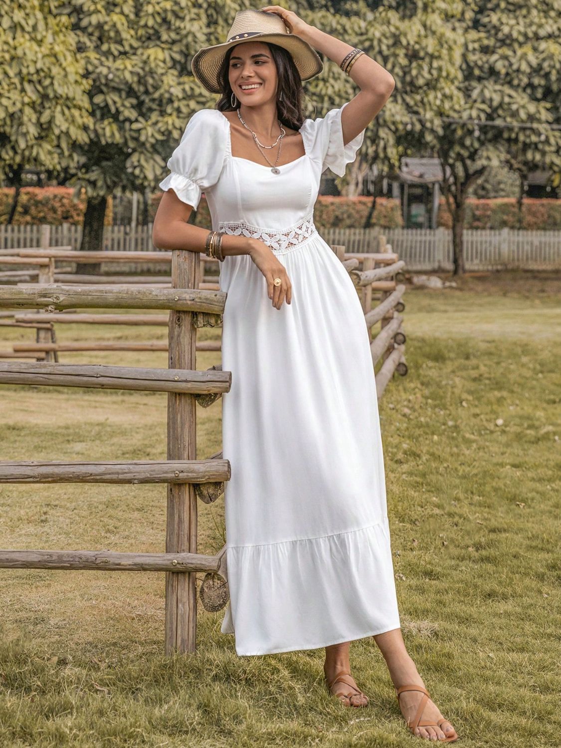 White Square Neck Flounce Sleeve Midi Dress