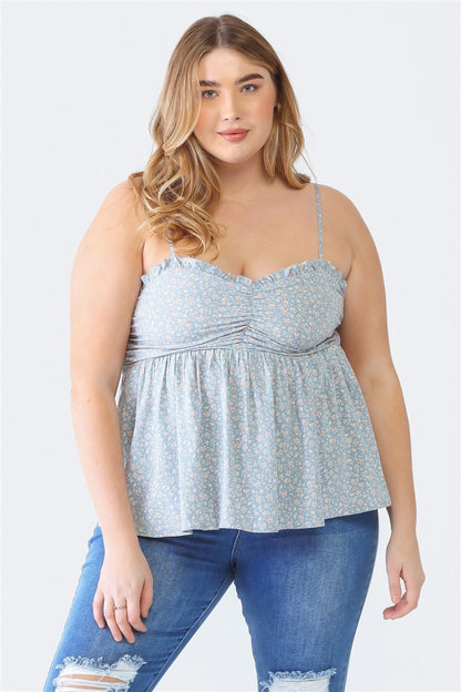 ZENOBIA Plus Size Frill Smocked Floral Sweetheart Neck Cami