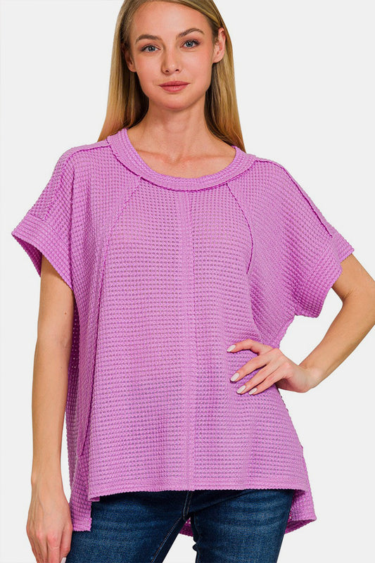 ZENANA Lavender Short Sleeves Waffle Knit Top with Exposed-Seam