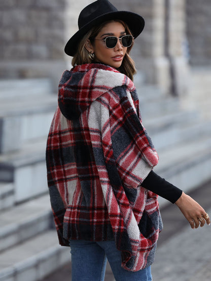 SAN&R Plaid Short Sleeves Hooded Coat with Pockets