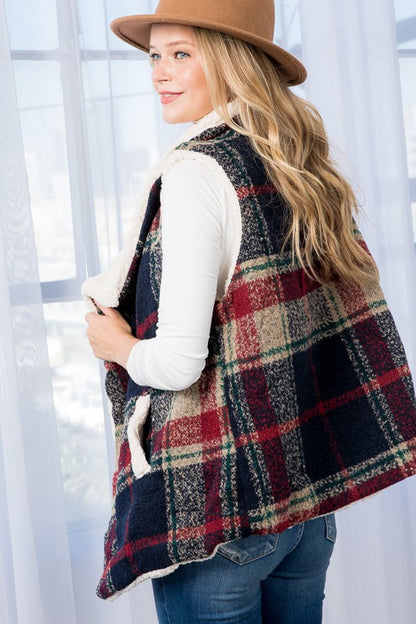 E LUNA Warm Sherpa Fur Plaid Vest