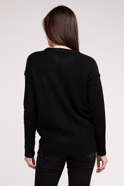 ZENANA Melange Hi-Low hem Round Neck Sweater