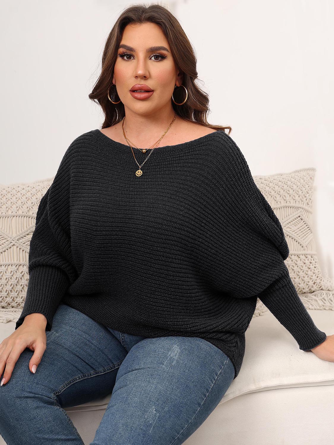 Full Size Boat Neck Batwing Sleeve Sweater-up to 3XL