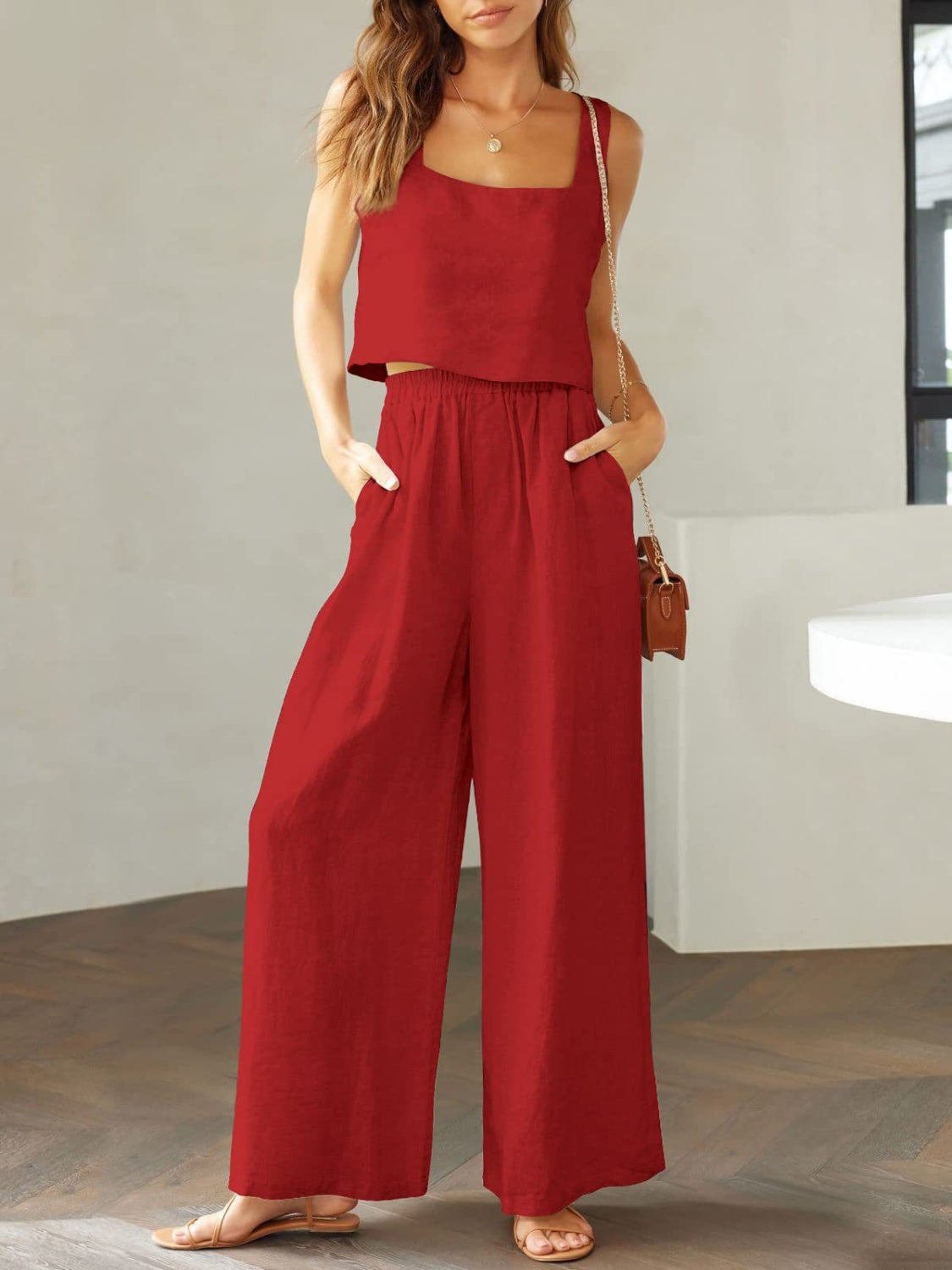 Stylish 2 Piece Square Neck Top and Wide Leg Pants Set