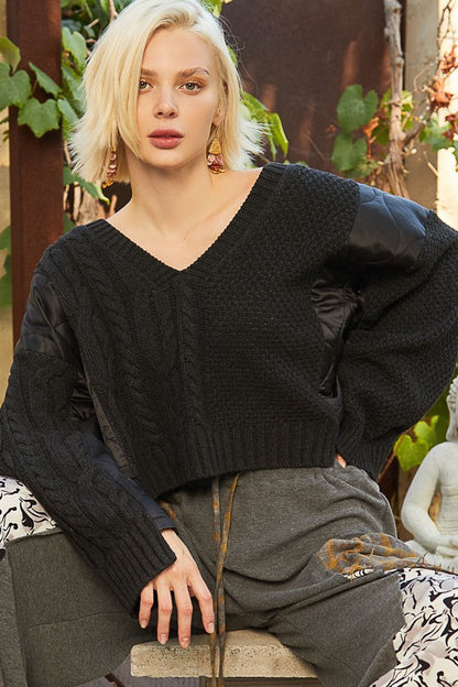 POL Women's Black Cable Knit Quilting Patch V-Neck Sweater