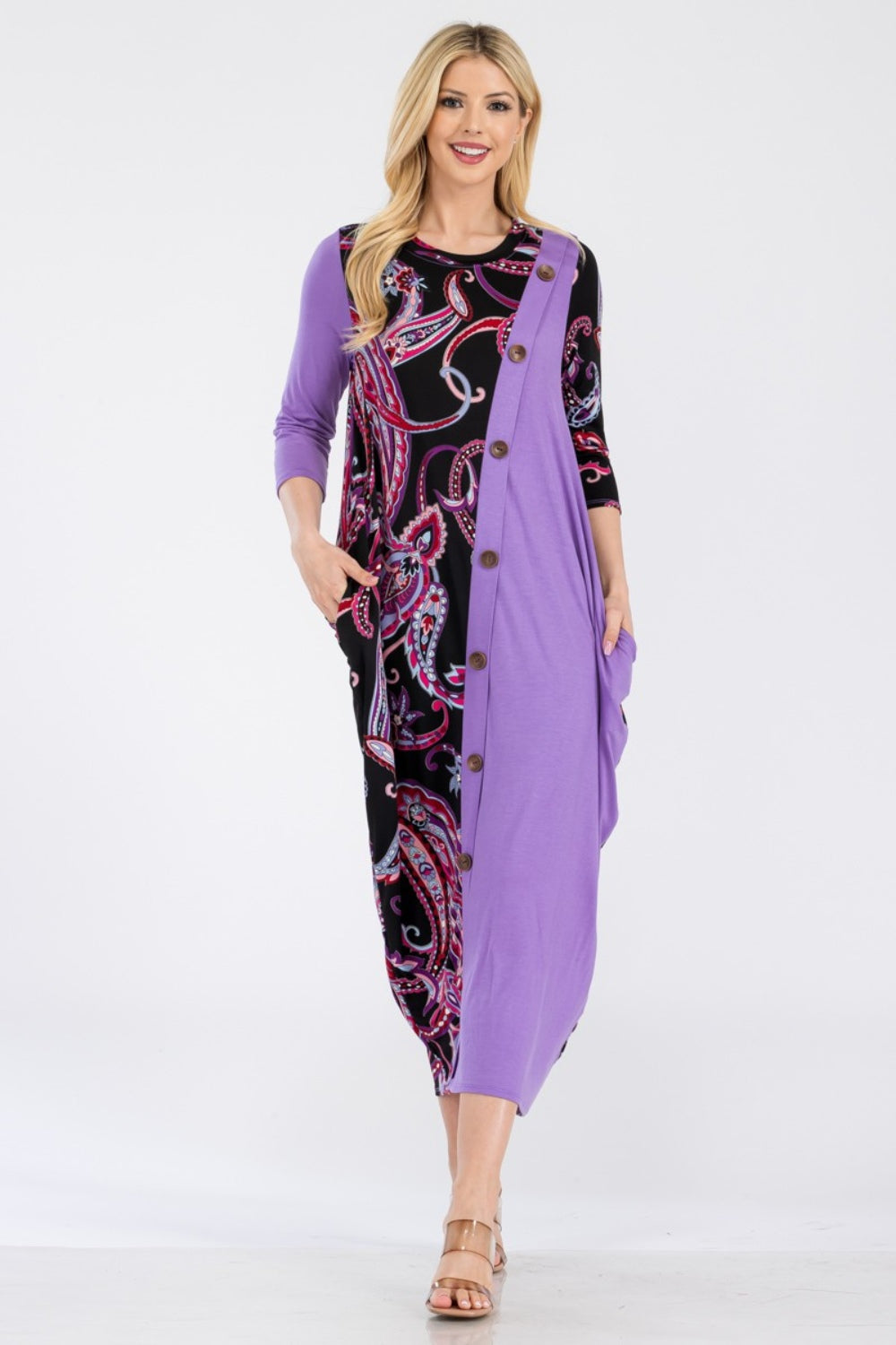 CELESTE Full Size Lilac Paisley Contrast Midi Dress with Pockets