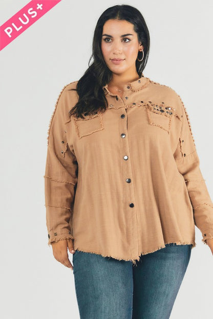 DAVI & DANI PLUS Distressed hem button down oversize shirt