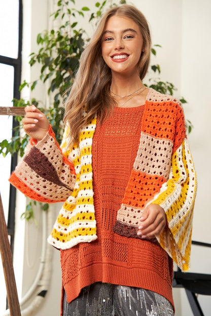 Davi & Dani Women's Yellow-Orange Openwork Open Front Crochet Striped Cardigan