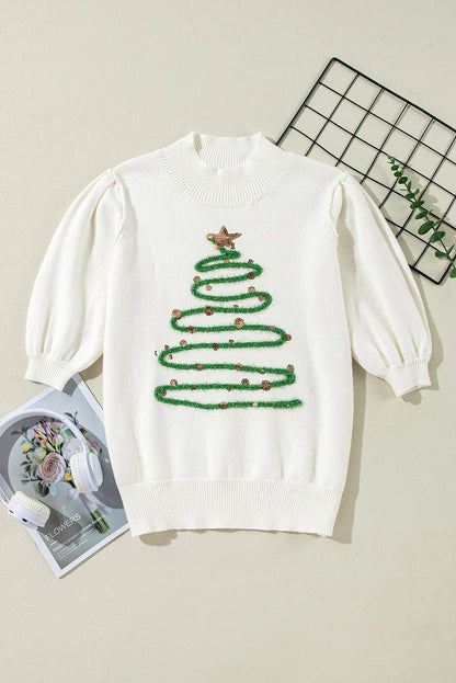 SYNZ Sequin Mock Neck Short Sleeve Christmas Tree Sweater