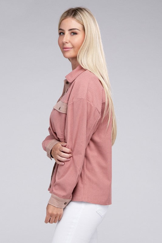 NUVI APPAREL Two-Tone Pink Flap Pocket Shacket