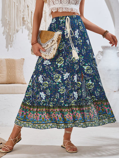 Tied Boho Printed Casual Flare Skirt