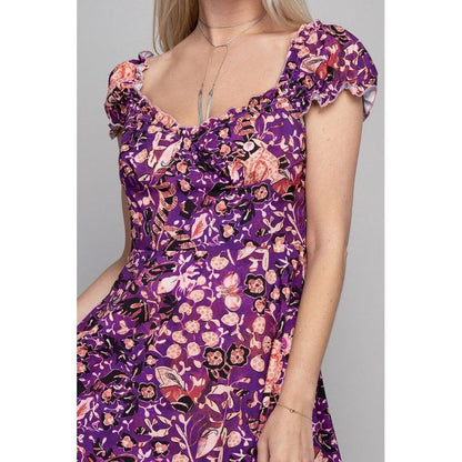 NUVI APPAREL Purple Floral Print Puff Sleeve Dress