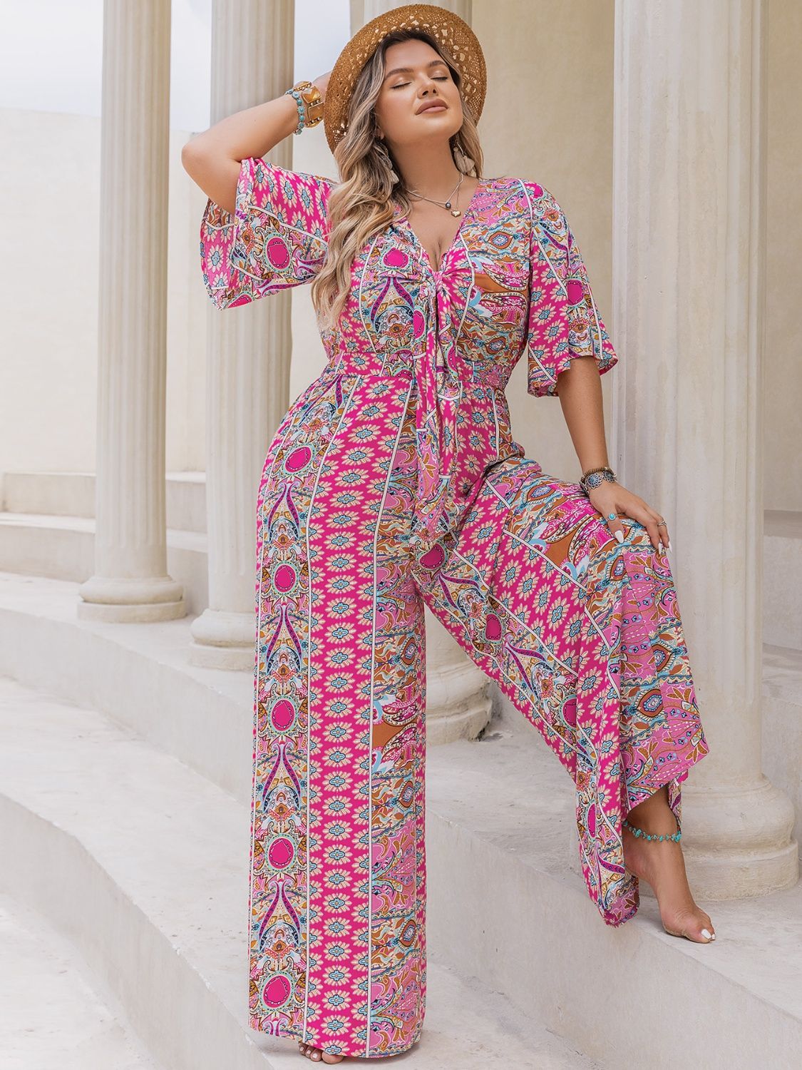 H.R.Z. Plus Size Printed Half Sleeve Wide Leg Jumpsuit