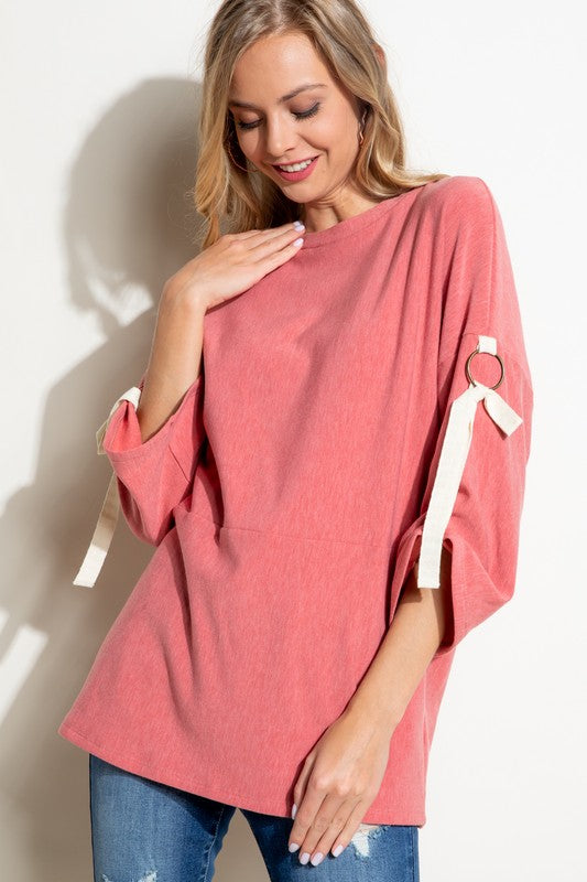 E LUNA Casual Brushed Terry Roll-up Sleeve Top