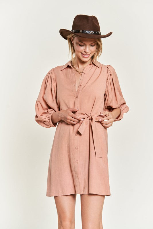 JADE BY JANE Women's Button-down Mini Belted Pencil Shirt Dress with Half Balloon Sleeves