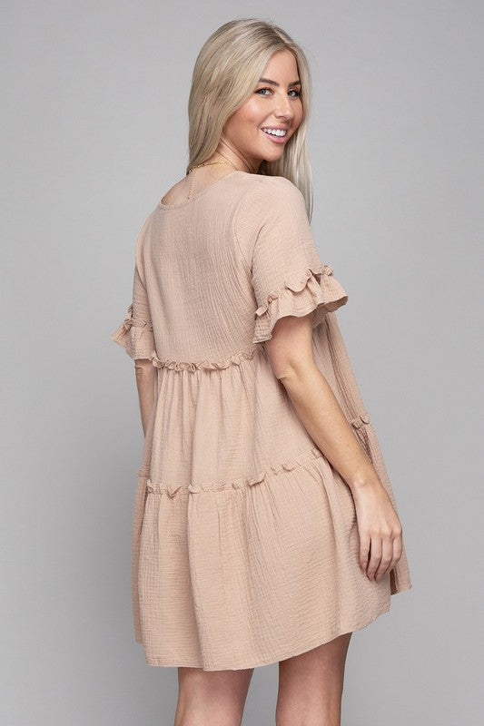 NUVI APPAREL Beige V neck Solid Ruffle Hem Dress