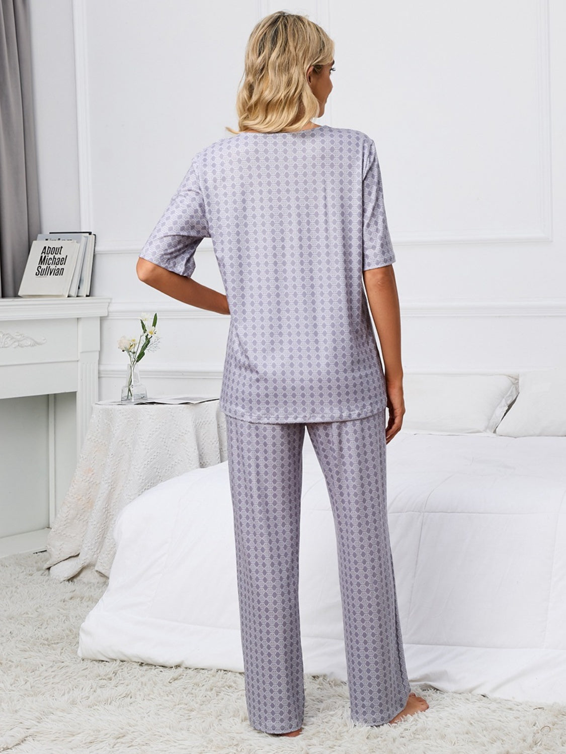 X.Y.M. Printed V-Neck Top and Pants Pajamas Set